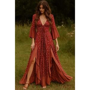 Nightcap Clothing Reversible Bohemian Boho Maxi Dress Red Ruffles Victorian 1 S